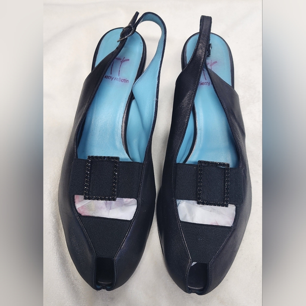 Thierry Rabotin Elegant Black Slingback Heels with Blue Insole Size 38.5